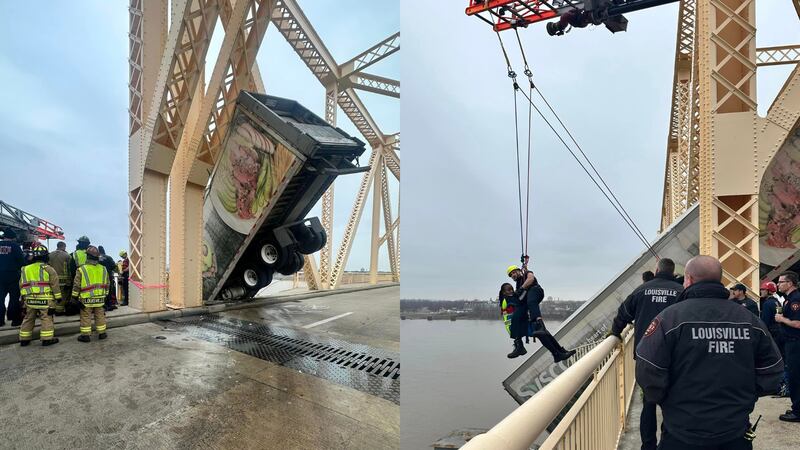 A semi-truck driver was rescued Friday afternoon after a crash left their semi-truck hanging off the side of a bridge in Louisville, Kentucky.