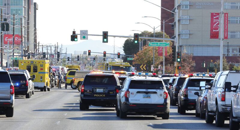 LAS VEGAS, NEVADA - DECEMBER 06: Emergency responder vehicles line Maryland Parkway on the east side of the UNLV campus after a shooting on December 06, 2023 in Las Vegas, Nevada. According to Las Vegas Metro Police, a suspect is dead and multiple victims are reported after a shooting on the campus. (Photo by Ethan Miller/Getty Images)