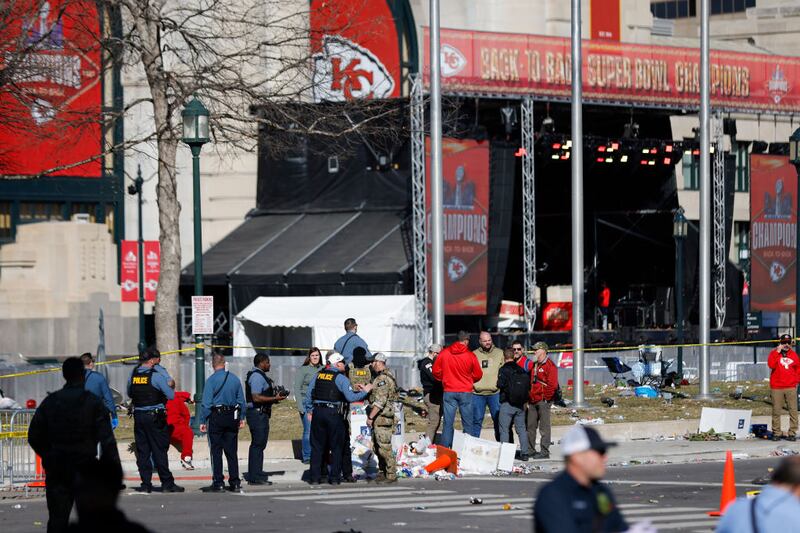 KANSAS CITY, MISSOURI - FEBRUARY 14: Law enforcement respond to a shooting at Union Station during the Kansas City Chiefs Super Bowl LVIII victory parade on February 14, 2024 in Kansas City, Missouri. Several people were shot and two people were detained after a rally celebrating the Chiefs Super Bowl victory. (Photo by David Eulitt/Getty Images)