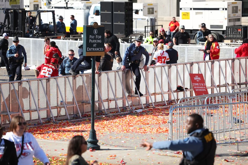 KANSAS CITY, MISSOURI - FEBRUARY 14: Law enforcement responds to a shooting at Union Station during the Kansas City Chiefs Super Bowl LVIII victory parade on February 14, 2024 in Kansas City, Missouri. Several people were shot and two people were detained after a rally celebrating the Chiefs Super Bowl victory. (Photo by Jamie Squire/Getty Images)