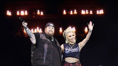 INDIO, CALIFORNIA - APRIL 26: (FOR EDITORIAL USE ONLY) (L-R) Jelly Roll and Bunnie Xo perform at the T-Mobile Mane Stage during the 2024 Stagecoach Festival at Empire Polo Club on April 26, 2024 in Indio, California. (Photo by Amy Sussman/Getty Images for Stagecoach)